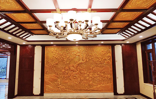 华亭中式别墅客厅中式木作横梁吊顶装饰展示